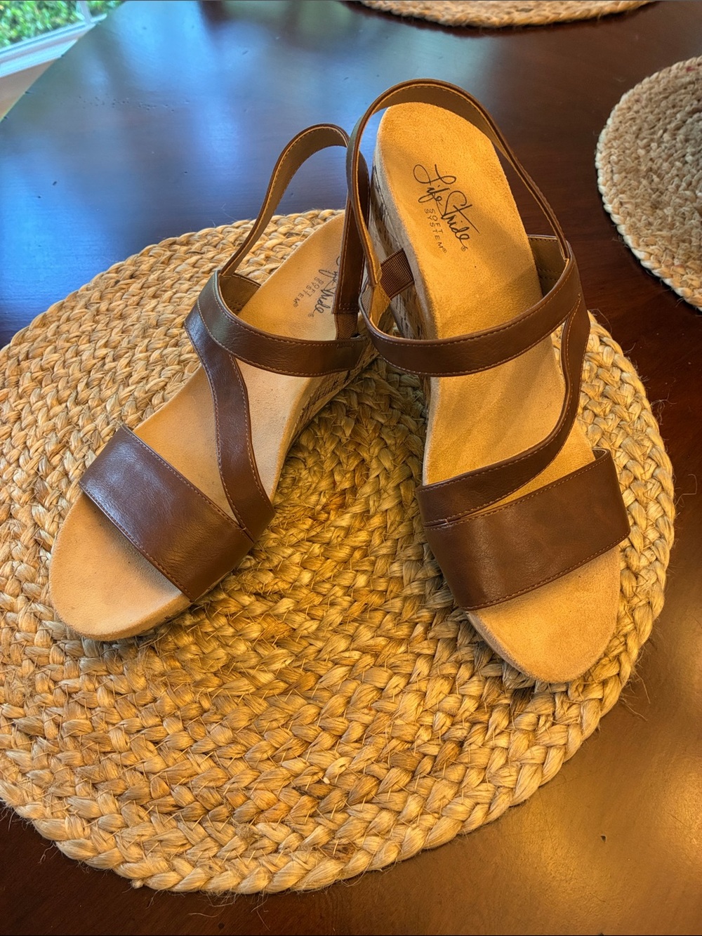 Life Stride Brown Strappy Slingback Wedge Sandals